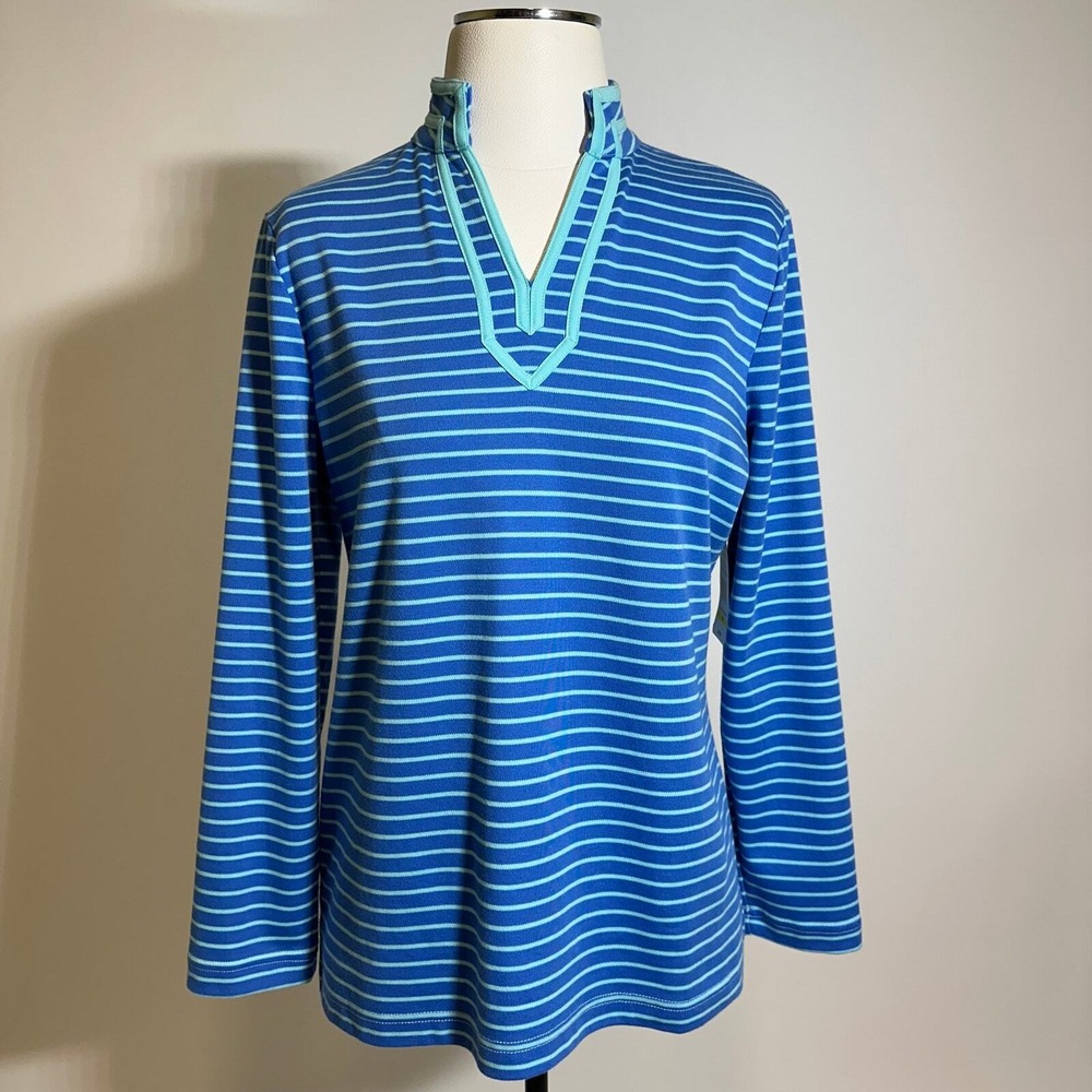 NWT Breckenridge Blue Green Striped V-Neck Blouse Womens Size Petite Medium PM
